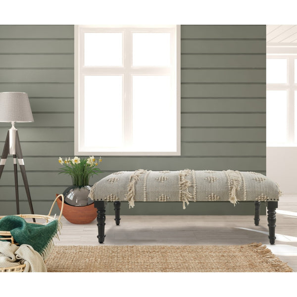 HomeRoots 47" Cream and Black Upholstered Bench with Bohemian Charm, Tassels, and Durable Design for Any Space 483463