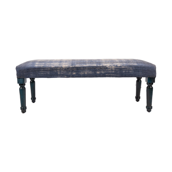 Homeroots 47" Blue And Cream Abstract Design Blue Leg Upholstered Bench  Manufactured Wood 483464