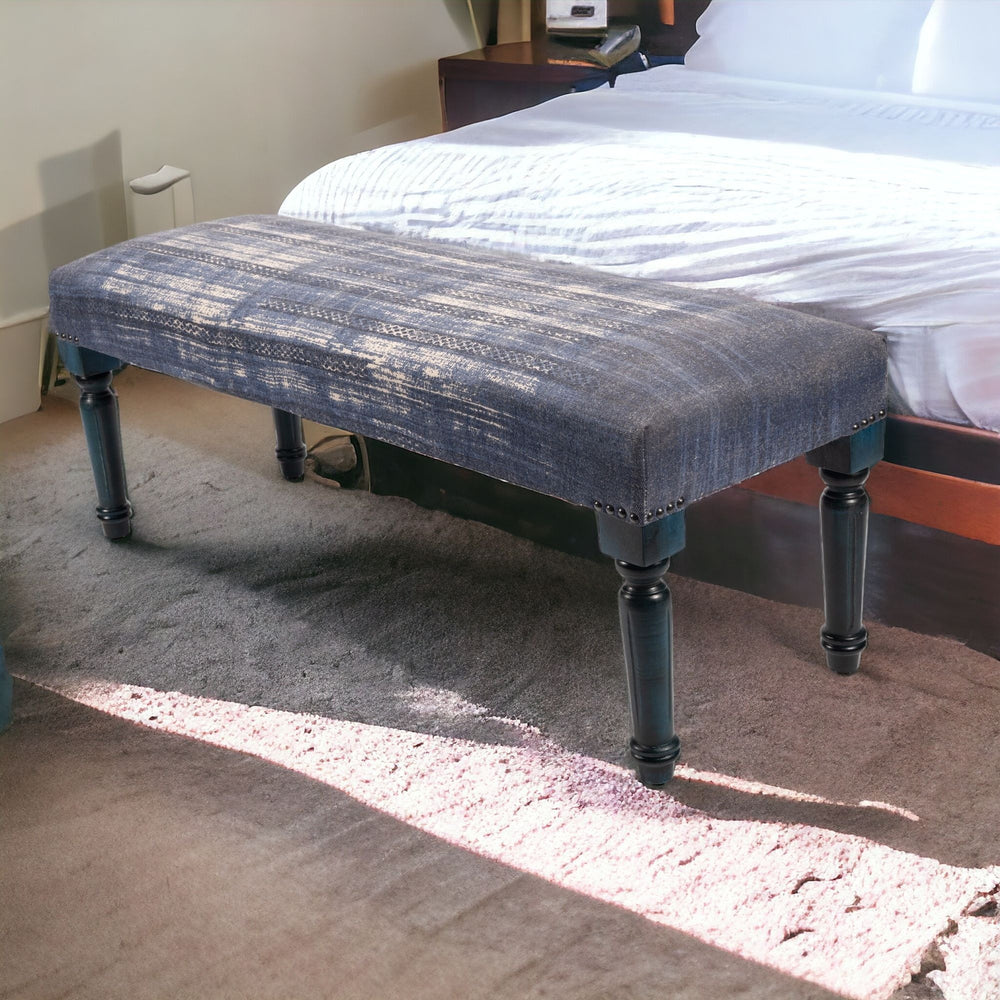 Homeroots 47" Blue And Cream Abstract Design Blue Leg Upholstered Bench  Manufactured Wood 483464