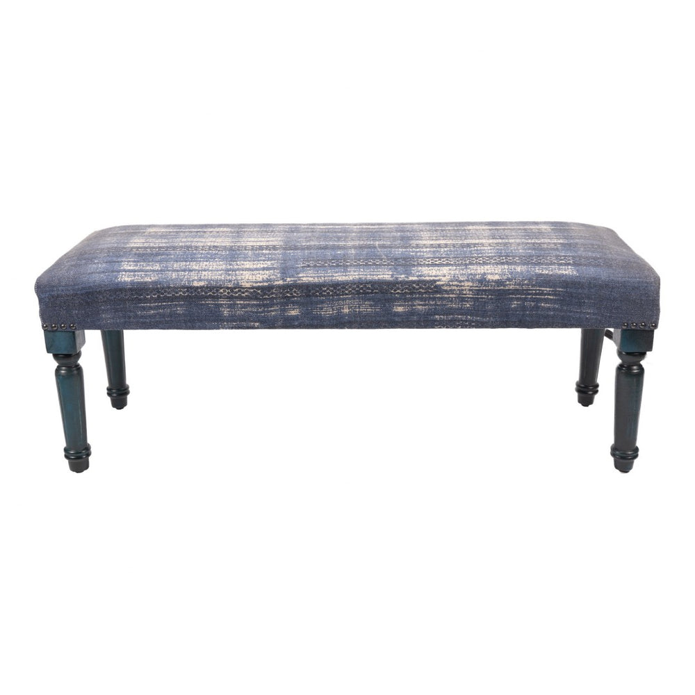 HomeRoots 47" Blue and Cream Abstract Upholstered Bench with Rustic Charm and Sturdy Blue Legs for Versatile Use 483464