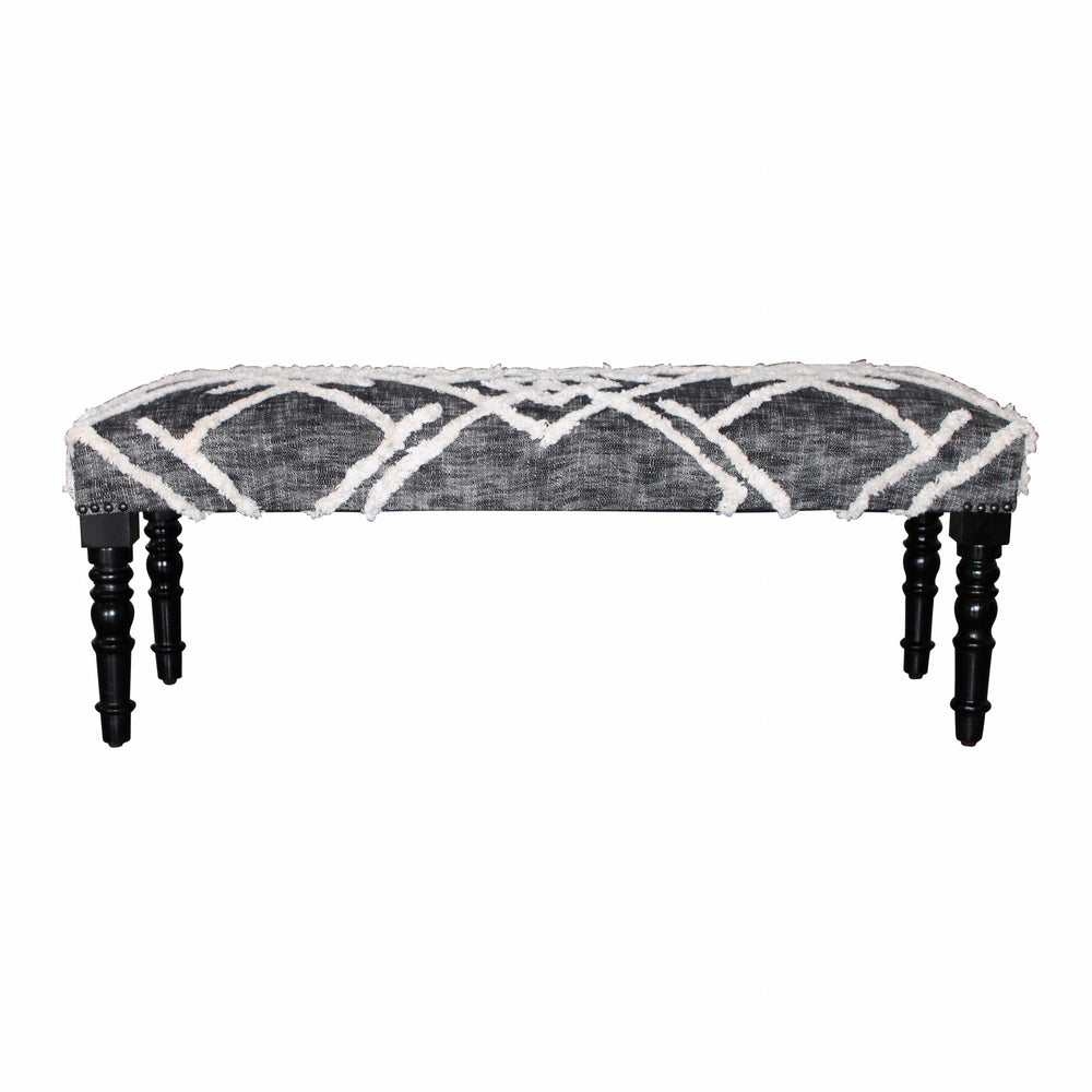 Homeroots 47" Gray And White Geometric Cotton Upholstered Distressed Bench  Manufactured Wood 483465