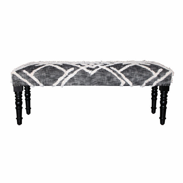 Homeroots 47" Gray And White Geometric Cotton Upholstered Distressed Bench  Manufactured Wood 483465
