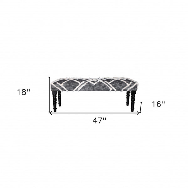 Homeroots 47" Gray And White Geometric Cotton Upholstered Distressed Bench  Manufactured Wood 483465