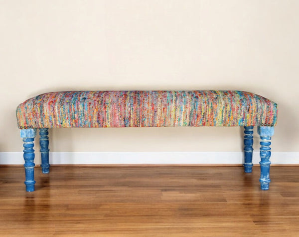 Homeroots 47" Rainbow Stripe Blue Leg Upholstered Bench  Manufactured Wood 483466