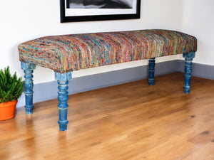 HomeRoots 47" Rainbow Stripe Upholstered Bench with Aqua Blue Legs for Coastal Bohemian Home Décor Style 483466