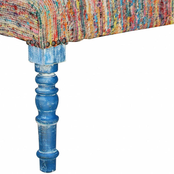 HomeRoots 47" Rainbow Stripe Upholstered Bench with Aqua Blue Legs for Coastal Bohemian Home Décor Style 483466