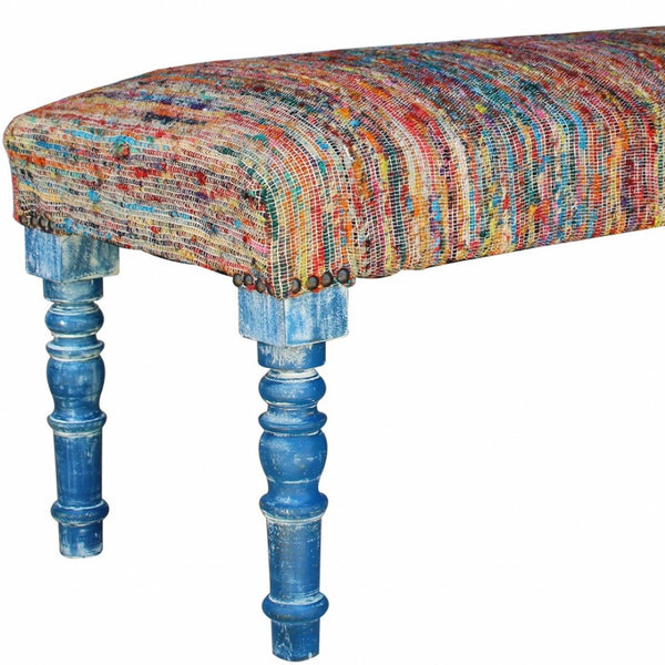 HomeRoots 47" Rainbow Stripe Upholstered Bench with Aqua Blue Legs for Coastal Bohemian Home Décor Style 483466