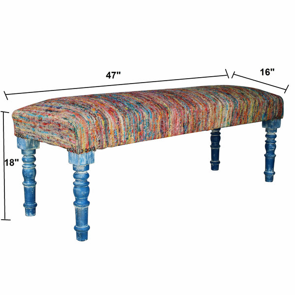 Homeroots 47" Rainbow Stripe Blue Leg Upholstered Bench  Manufactured Wood 483466