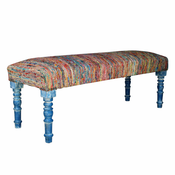 Homeroots 47" Rainbow Stripe Blue Leg Upholstered Bench  Manufactured Wood 483466