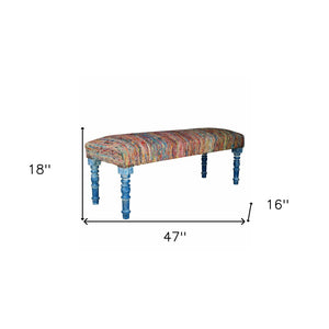 HomeRoots 47" Rainbow Stripe Upholstered Bench with Aqua Blue Legs for Coastal Bohemian Home Décor Style 483466