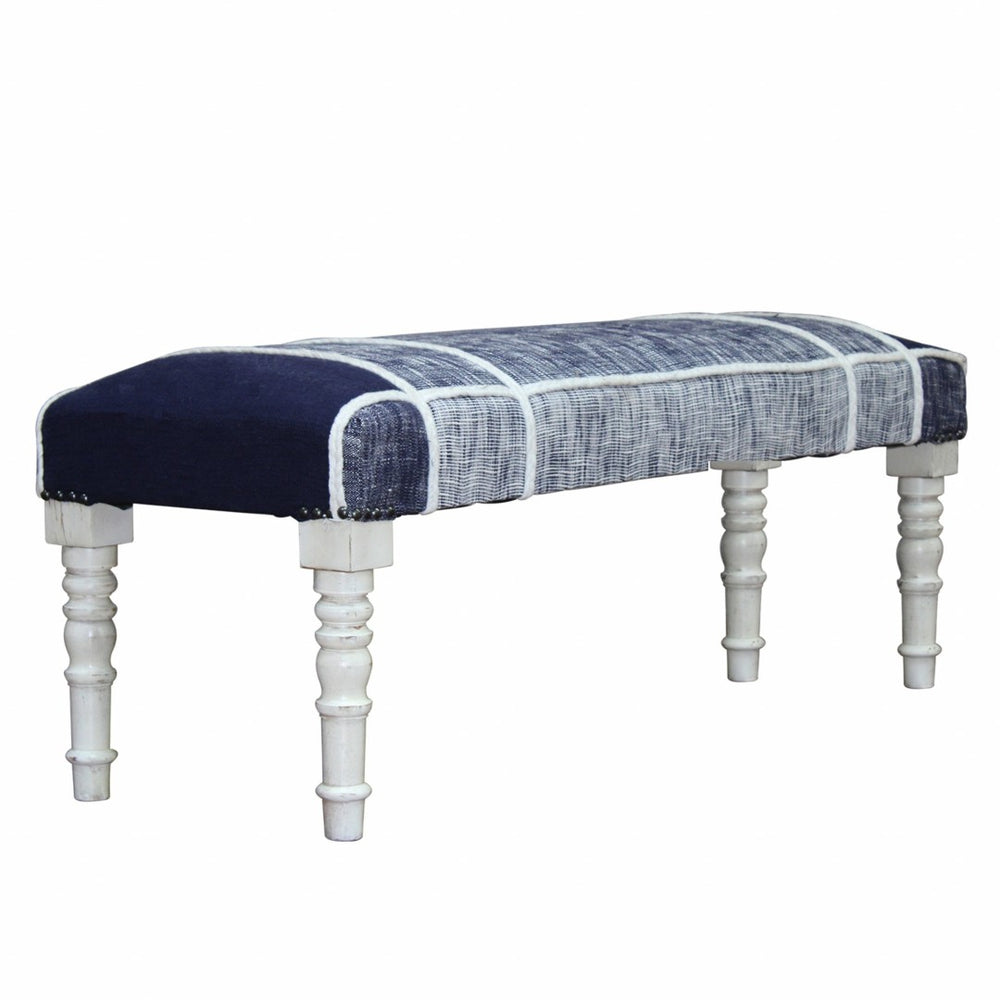 HomeRoots 47" Stylish Blue and Cream Upholstered Bench with Distressed White Legs for Versatile Home Décor 483469