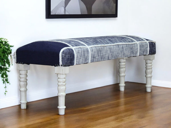 HomeRoots 47" Stylish Blue and Cream Upholstered Bench with Distressed White Legs for Versatile Home Décor 483469