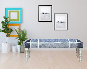 HomeRoots 47" Stylish Blue and Cream Upholstered Bench with Distressed White Legs for Versatile Home Décor 483469