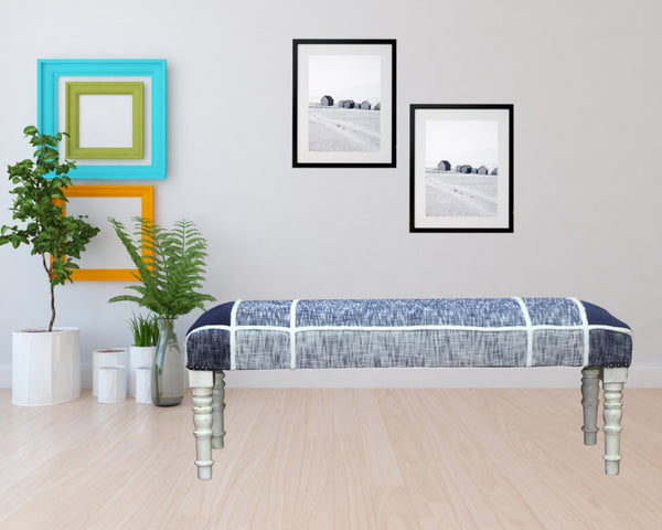 HomeRoots 47" Stylish Blue and Cream Upholstered Bench with Distressed White Legs for Versatile Home Décor 483469