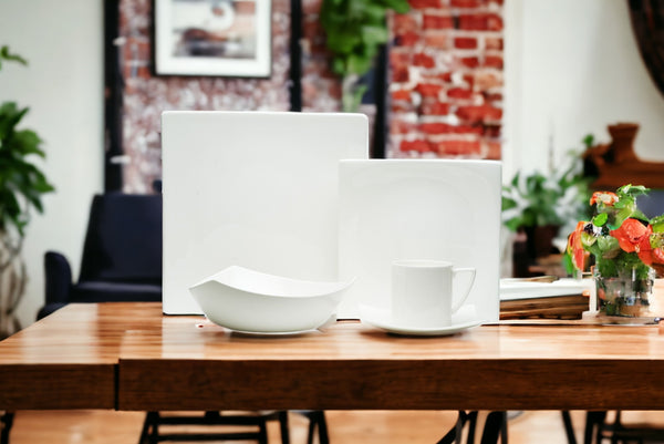 Homeroots White Five Piece Square Bone China Dinnerware Set   483489