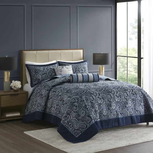 English Elm 5 Piece Aubrey Reversible Jacquard Bedspread Set King with Paisley Motif, Gold Sheen, Quilted Elegance Navy 22.83 L x 18.11 W x 8.27 H B03597645