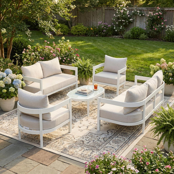English Elm 5-piece Outdoor Aluminum Conversation Set Resort Style Curved Seating for 7 Adults N767P389542A