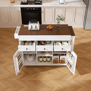 English Elm 74.8" Rolling Kitchen Island Extendable Marble Veneer Top with Power Outlet and Storage W2700S00105