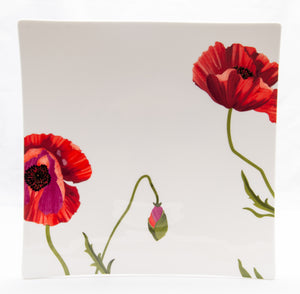 Homeroots Red And White Six Piece Square Floral Bone China Service For Six Dinner Plate Set   483515