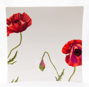 Homeroots Red And White Six Piece Square Floral Bone China Service For Six Dinner Plate Set   483515