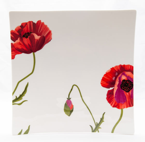 Homeroots Red And White Six Piece Square Floral Bone China Service For Six Dinner Plate Set   483515