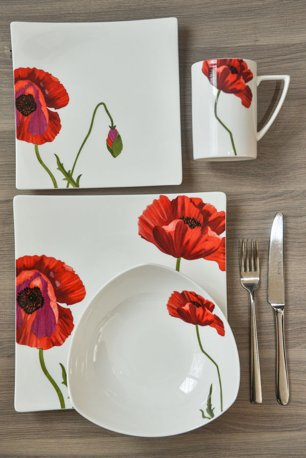 Homeroots Red And White Six Piece Square Floral Bone China Service For Six Salad Plate Set   483516