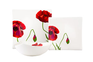 Homeroots Red And White Six Piece Square Floral Bone China Service For Six Salad Plate Set   483516