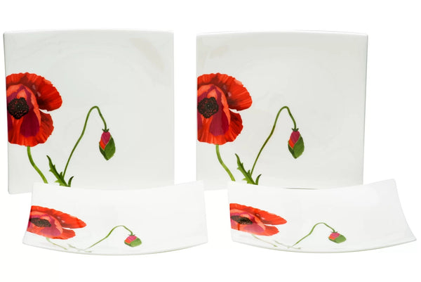 Homeroots Red And White Six Piece Square Floral Bone China Service For Six Salad Plate Set   483516