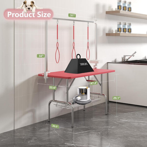 English Elm 47inch Stainless Steel Foldable Pet Grooming Table with Arm Noose and Mesh Supply Tray W3587P409930