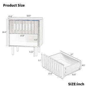 English Elm 2 Set Nightstands with Grille Striped Doors Modern Mid-Century Bedside Tables Black MDF Metal Legs, Storage W578P193301