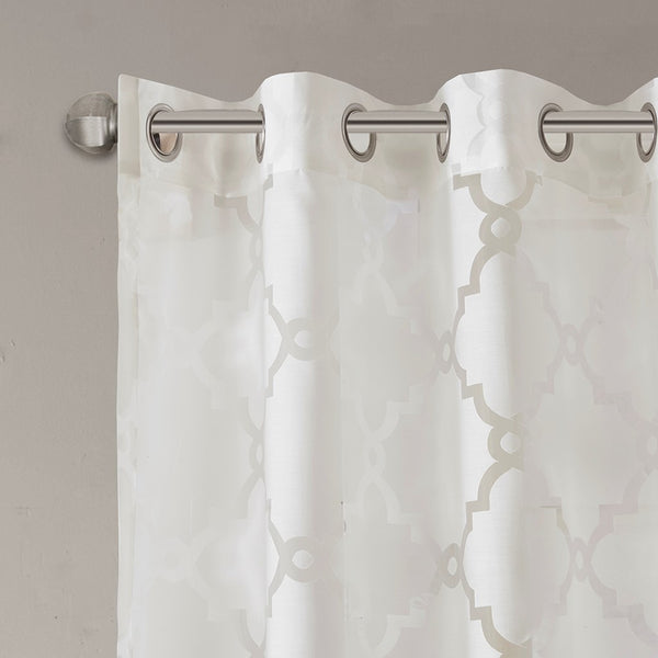 English Elm Fretwork Burnout Sheer Curtain Panel - Elegant Grommet-Top Design For Light Diffusion & Style B03598124