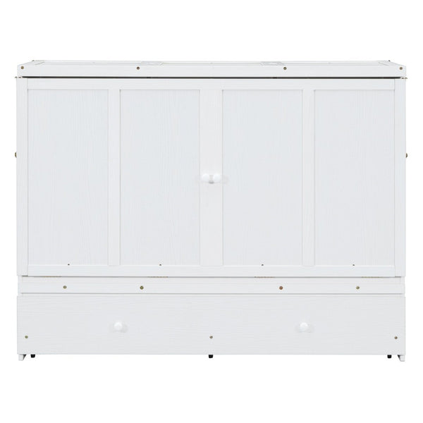 English Elm Queen Murphy Wall Bed with Pull Out Drawer and Built in Usb Charging Cabinet White N708P205905K