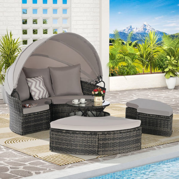 English Elm 5 Piece Outdoor Wicker Daybed Set with Retractable Canopy and Quick Dry Cushions Light Gray W874S00034