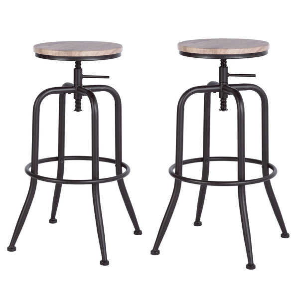 Homeroots Set Of Two Natural And Black Solid Wood And Steel Swivel Backless Counter Height Bar Chairs   483709
