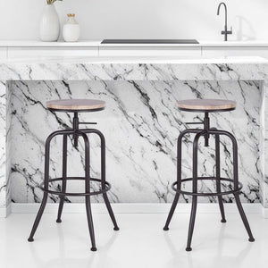 Homeroots Set Of Two Natural And Black Solid Wood And Steel Swivel Backless Counter Height Bar Chairs   483709