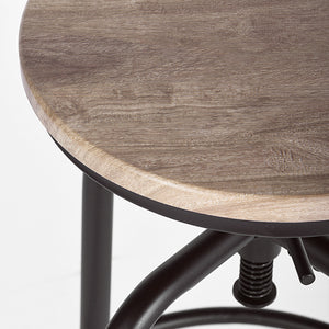 Homeroots Set Of Two Natural And Black Solid Wood And Steel Swivel Backless Counter Height Bar Chairs   483709