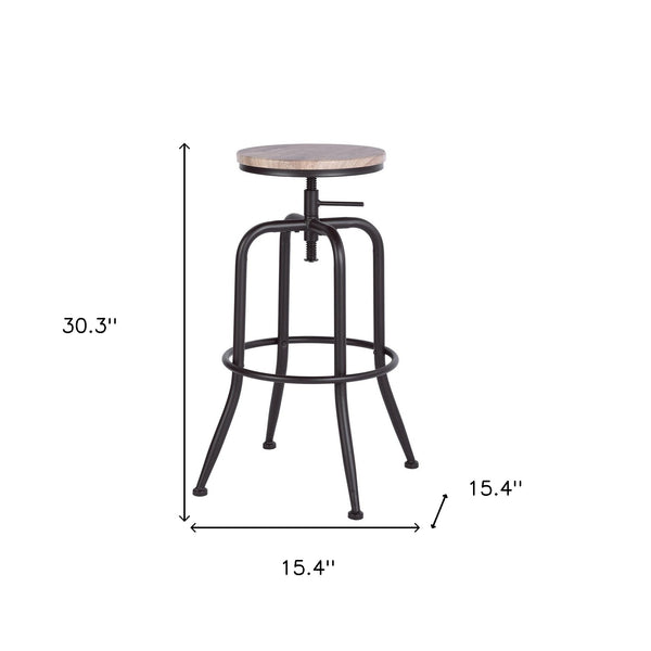 Homeroots Set Of Two Natural And Black Solid Wood And Steel Swivel Backless Counter Height Bar Chairs   483709