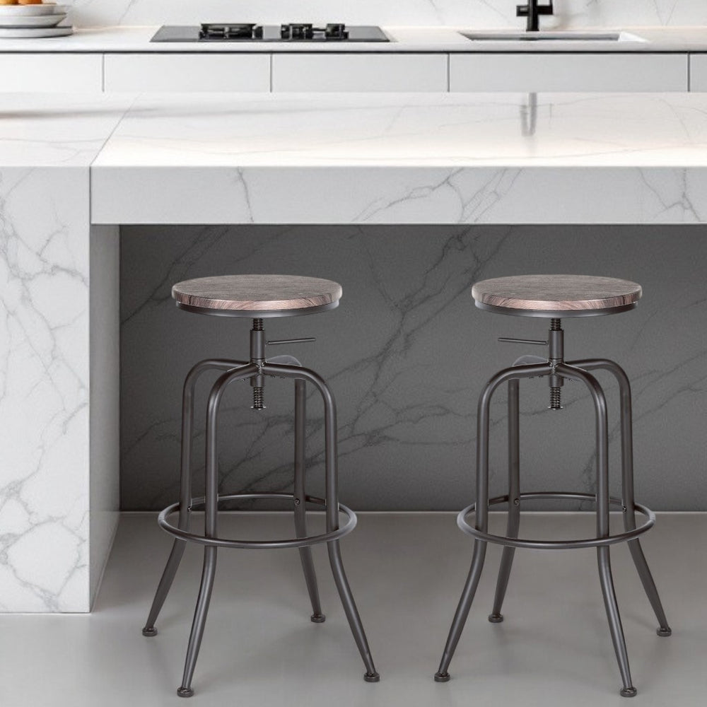 Homeroots Set Of Two Brown And Black Solid Wood And Steel Swivel Backless Counter Height Bar Chairs   483710