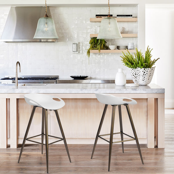 Homeroots Set Of Two 28" White And Bronze Steel Low Back Counter Height Bar Chairs   483712