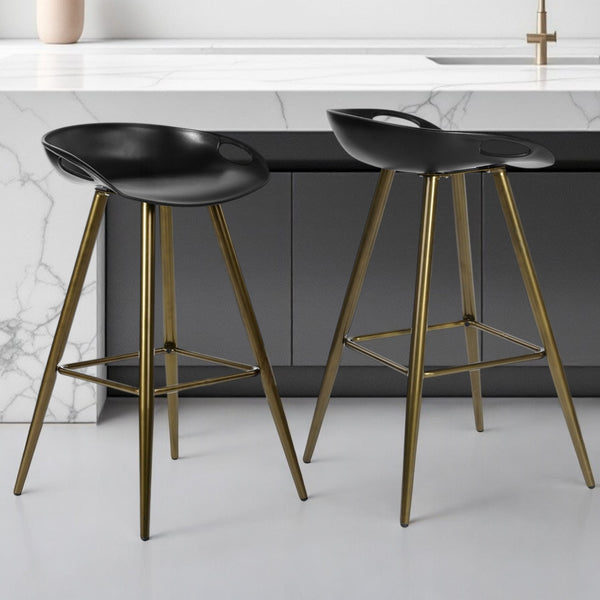 Homeroots Set Of Two 28" Black And Bronze Steel Low Back Counter Height Bar Chairs   483713