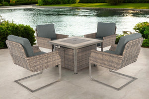 Five Piece Wicker Patio Conversation Set with Fire Pit and Cushioned Seating