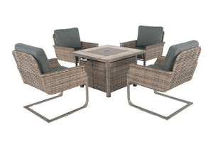 HomeRoots Five Piece Wicker Patio Conversation Set with Fire Pit and Cushioned Seating 483719