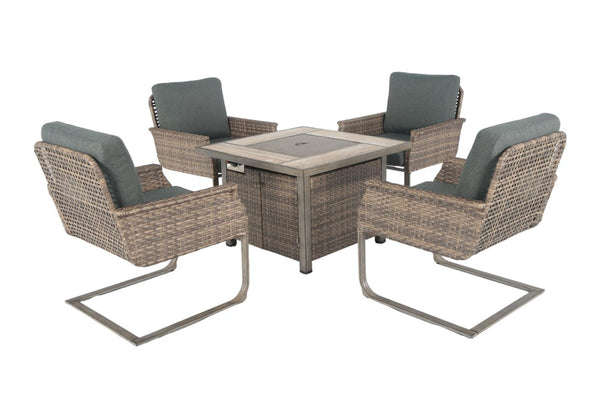 HomeRoots Five Piece Wicker Patio Conversation Set with Fire Pit and Cushioned Seating 483719