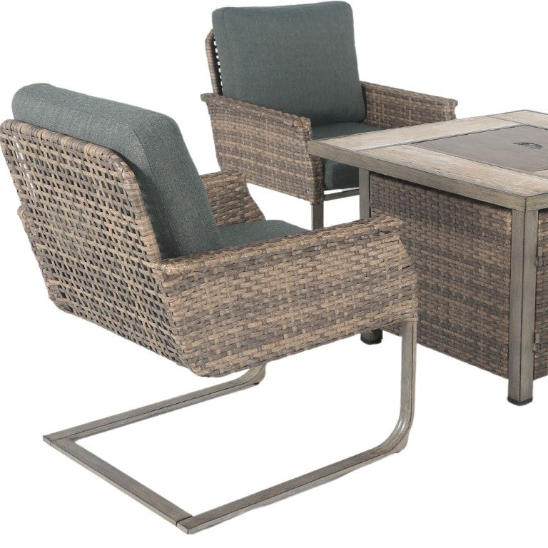 HomeRoots Five Piece Wicker Patio Conversation Set with Fire Pit and Cushioned Seating 483719