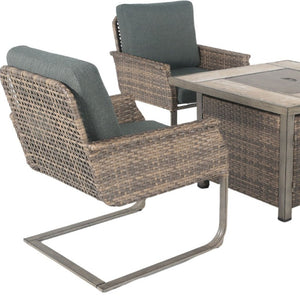 Five Piece Wicker Patio Conversation Set with Fire Pit and Cushioned Seating