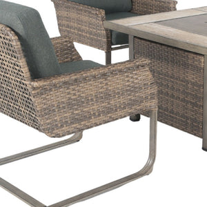 Five Piece Wicker Patio Conversation Set with Fire Pit and Cushioned Seating