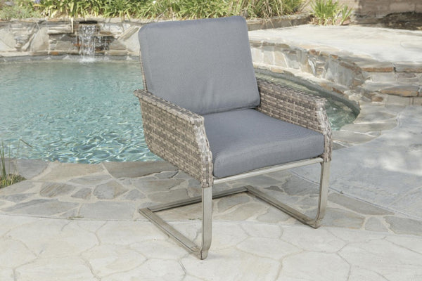 Five Piece Wicker Patio Conversation Set with Fire Pit and Cushioned Seating