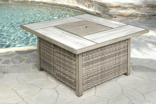 Five Piece Wicker Patio Conversation Set with Fire Pit and Cushioned Seating