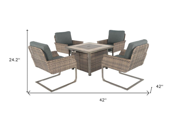 Five Piece Wicker Patio Conversation Set with Fire Pit and Cushioned Seating