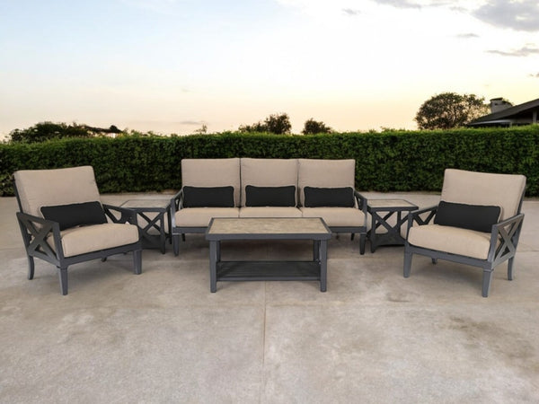 Six Piece Outdoor Gray Metal Sectional Set with Table for Patio Entertaining